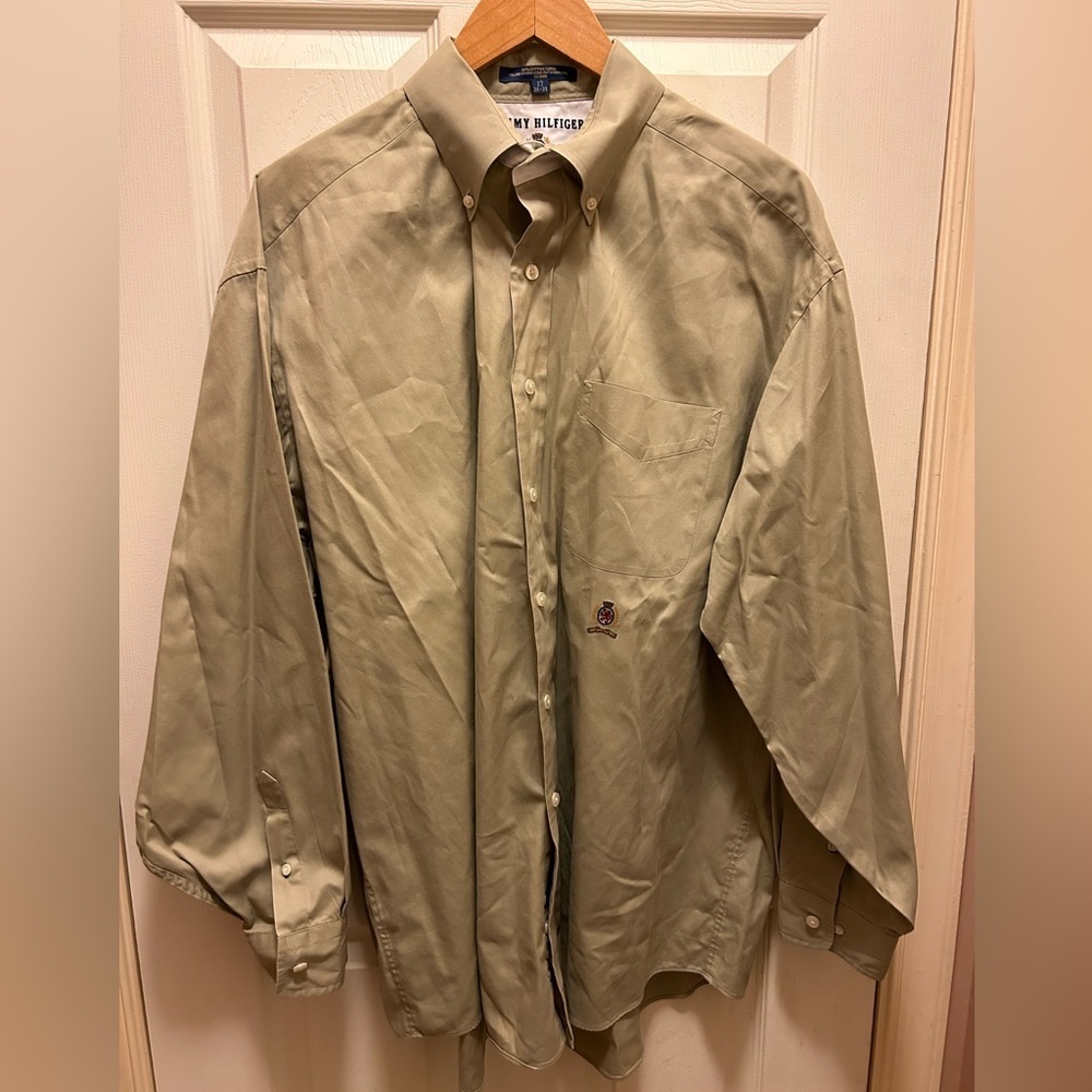 Tommy Hilfiger Khaki Colored Button-up Dress Shirt Sz 17, 34-35